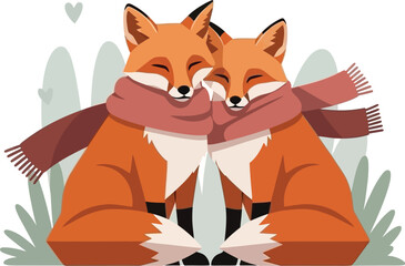 Cute cartoon foxes wearing scarf in winter landscape with heart