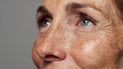 Close up macro portrait of an older woman's face, showing natural skin texture with wrinkles, crow's feet, and freckles, a concept of authenticity and graceful aging