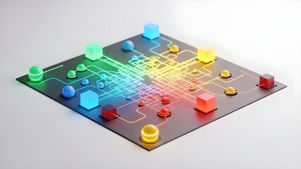 Abstract representation of a glowing digital network with colorful cubes and spheres on a dark board, illustrating data flow and connectivity.