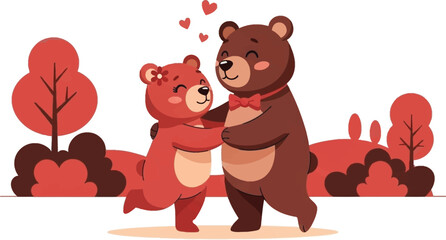 Adorable cartoon bears sharing a romantic dance in forest