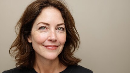 Naklejka premium Mature woman headshot featuring a warm smile, conveying feelings of confidence, contentment, and natural beauty while posing against a clean, light background