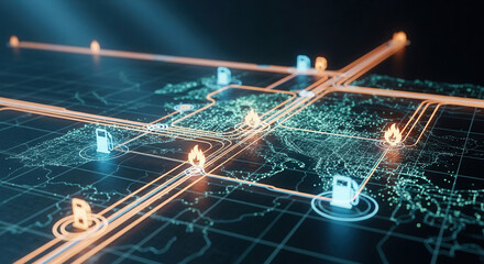 Dynamic energy network visualizing global fuel distribution with glowing lines and gas station icons, ideal for energy concepts and innovation