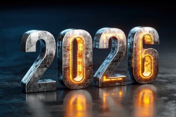 3D rendering of the year 2026 with glowing orange light on futuristic metallic digits.
