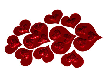 Scattered red glitter heart and solid heart shapes on white background. Love and romance concept for Valentines Day, wedding card, or anniversary.
