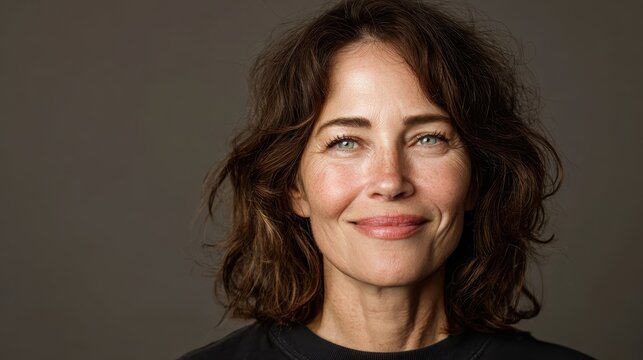 Middle aged woman with brown curly hair and green eyes smiling, her genuine expression conveying natural beauty, confidence, and graceful aging in a headshot against a neutral background