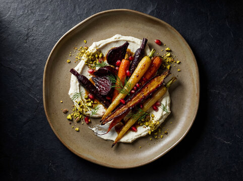 A gourmet plate of roasted carrots and beets served on creamy hummus, garnished with crushed pistachios, pomegranate seeds, and dill on a dark rustic table.