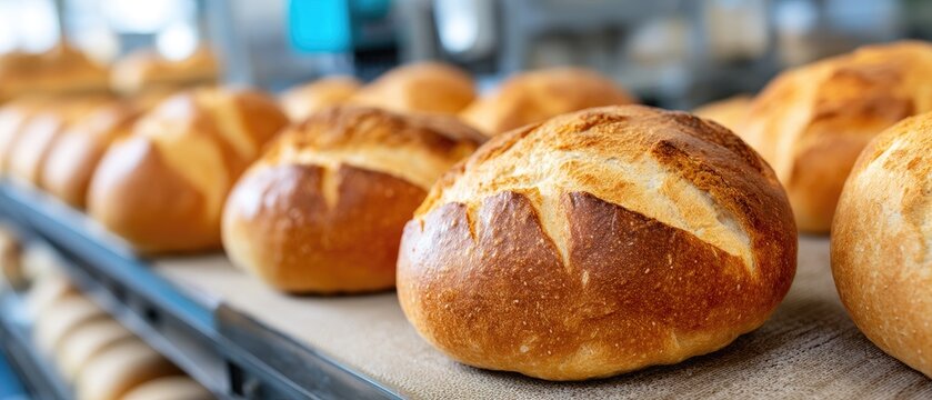 Bread loaves travel on a conveyor belt in a bakery, highlighting the process of mass production in a busy, well-lit environment