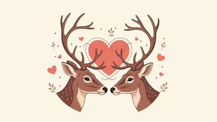 Two deer with hearts love affectionate tender moment illustration