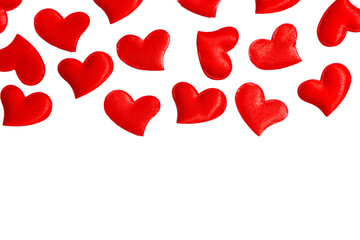 Red heart shape patterns spread on a white background for Valentines Day. Love theme and romantic wedding invitation concept.