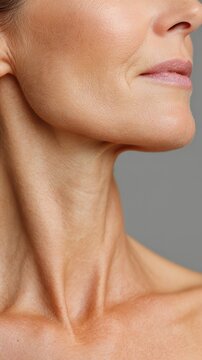 Close up of aging woman's neck and jawline, showing natural wrinkles, mature skin texture, and signs of the aging process for beauty and skincare concepts