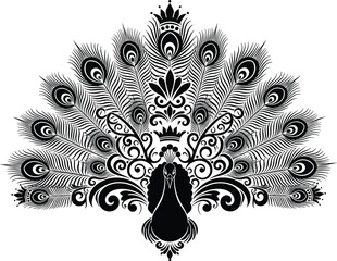 Black and white peacock silhouette with spread tail feathers peacock, peacock feathers, silhouette, black and white, bird, tail feathers, crown, decorative, ornate, swirling patterns, white background