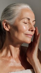 Fototapeta premium Senior woman applying skincare product to her face, eyes closed with a calm expression, promoting self care, healthy skin, and anti aging beauty routine in natural daylight