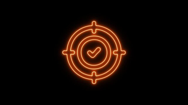 Glowing neon target icon animation. Finding or analyzing business goals achievement, strategy, action plan with okay or green check mark icon. Startup, creative idea, innovation, technology icon
