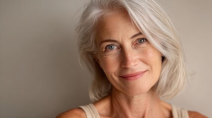 Smiling senior woman with grey hair and blue eyes confidently looking at the camera, celebrating natural beauty and aging gracefully with healthy skin