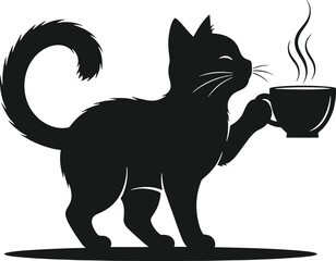 Black cat holding steaming cup silhouette cat, black cat, silhouette, cup, steaming cup, feline, animal, coffee cup, tea cup, whiskers, tail, standing cat, white background, black, holding, steaming, 