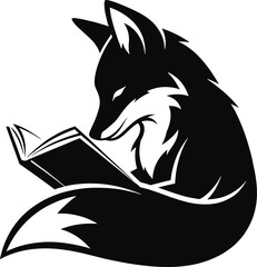 Black fox reading book white fox, black, white, reading, book, animal, silhouette, sitting, curled up, left profile, opened book, reading fur, ears, tail, monochrome, simple educational, literary, wil