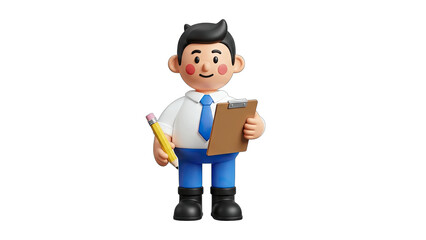 3D Cartoon Businessman Holding Clipboard and Pencil
