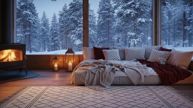 A cozy winter cabin bedroom with a fireplace and large windows overlooking a snowy forest, creating a warm, peaceful retreat atmosphere.