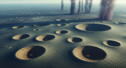 Mysterious alien landscape with textured terrain and unusual circular formations under a hazy atmosphere, sci-fi concept