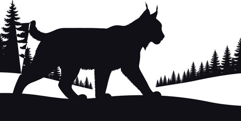 Black silhouette of a dog walking on a snowy hill with pine trees dog, silhouette, black, white, snowy, hill, pine trees, forest, winter, landscape, animal, mammal, walking, profile, side view, monoch