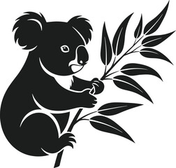 Black silhouette of a koala holding a eucalyptus branch koala, eucalyptus, leaf, branch, tree, black, white, silhouette, animal, mammal, wildlife, australia, cute, holding, leaves, against, background