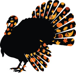 Black turkey silhouette with autumn leaves and pumpkins turkey, black, silhouette, autumn, leaves, pumpkins, fall, thanksgiving, bird, seasonal, orange, yellow, brown, white background, decorative, fe