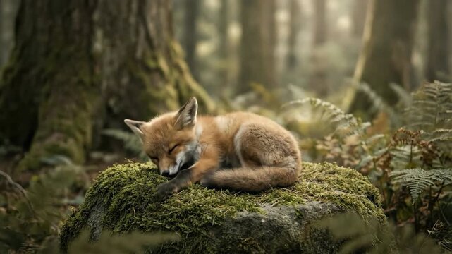 Cute red fox sleeping peacefully on mossy rock in misty forest. Serene wildlife sequence showing relaxation and calm emotions in nature art house style video footage video footage