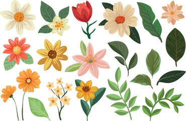 Set of vector collection of colorful flowers and various green leaves illustrated in a playful, modern style.