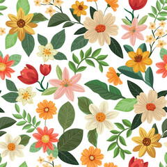 Seamless vector pattern featuring a collection of colorful flowers and various green leaves illustrated in a playful, modern style. Includes blossoms in warm tones such as coral, yellow, peach