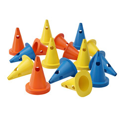A collection of small colorful plastic cones on a black background