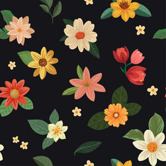 Seamless vector pattern featuring a collection of colorful flowers and various green leaves on black background, modern style. Includes blossoms in warm tones such as coral, yellow, peach