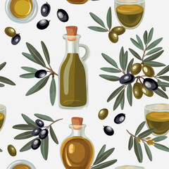 Seamless vector olive branches, ripe black and green olives set, glass bottles of olive oil