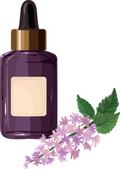 Vector illustration of a dark purple cosmetic dropper bottle paired with delicate lavender-pink flowers and green leaves