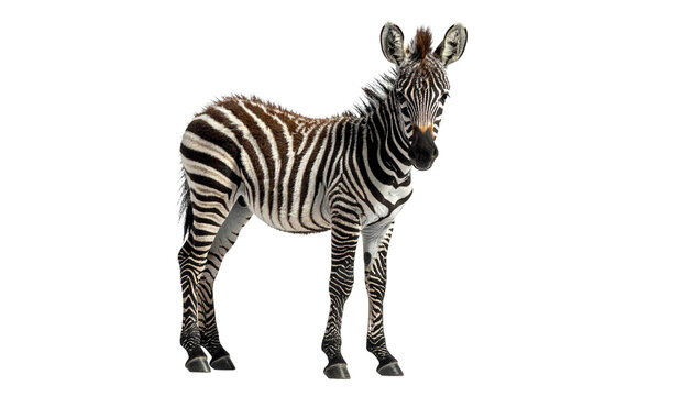 Ein kleines, niedliches Zebra steht isoliert auf wei&szlig;em Hintergrund. PNG