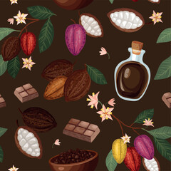 Seamless vector pattern featuring cacao branches, cocoa pods, leaves, flowers, beans, chocolate pieces, and cacao products arranged on a rich brown background
