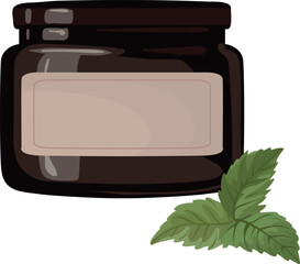 Vector illustration of a dark brown cosmetic jar with a blank label and fresh green herbal leaves beside it, skincare branding, organic product presentations, eco-friendly