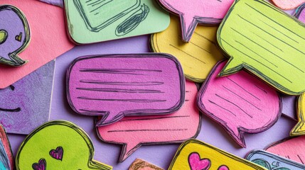 Speech balloons with icons on the topic of work, workflow and communication in society