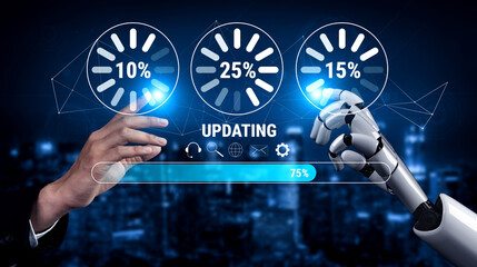 An AI system update and machine learning model training. A progress bar and loading icons showing the AI update percentage and status. Motif