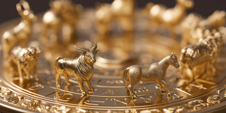 Golden zodiac symbols representing animals on decorative wheel  