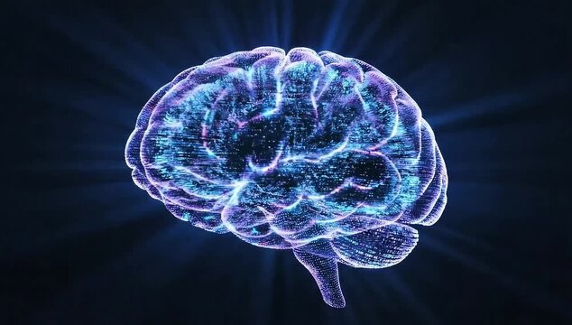 A glowing artificial intelligence brain dynamically materializing from millions of cyan and magenta digital particles. The brain rotates slowly in a void. Dark background, volumetric lighting