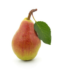Ripe red and green pear with a single leaf.