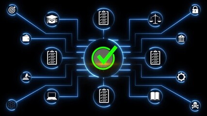 Neon glowing document verification blockchain network with digital check mark icon showing secure data validation system, online approval process, and cyber security technology concept 4k animated. - Powered by Adobe