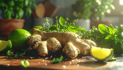 ginger and lime on the table with fresh green leaves