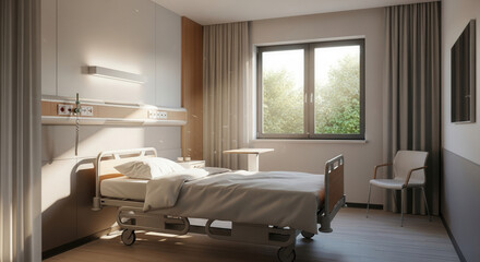 Serene hospital room bathed in warm sunlight, featuring a clean medical bed and a calming view of nature through the window, perfect for healing.