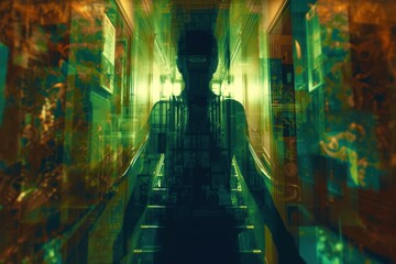 A man is standing in a dark room with a green background