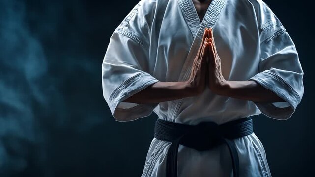 Martial Artist in White Gi with Black Belt Performing Traditional Bow