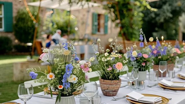 Tables decorated with vibrant flowers create a stunning atmosphere for a memorable outdoor gathering in a serene setting