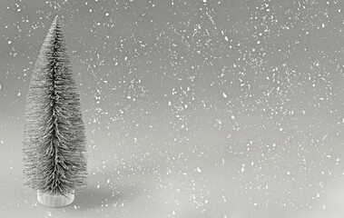 Artificial Christmas tree on Gray background with falling snow. Festive background with copy space. Demonstrating color of 2026 year, Cloud, Dancer