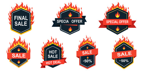 Fiery Promotion Badges A vibrant collection of sale badges featuring dynamic flames, banners and text, ideal for highlighting special offers and promotions.