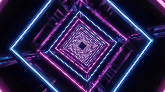 Endless flight through a 3D tunnel with glowing pink and blue neon square frames. Futuristic sci-fi corridor background with metallic reflections. Seamless loop animation for music video or VJ set.
